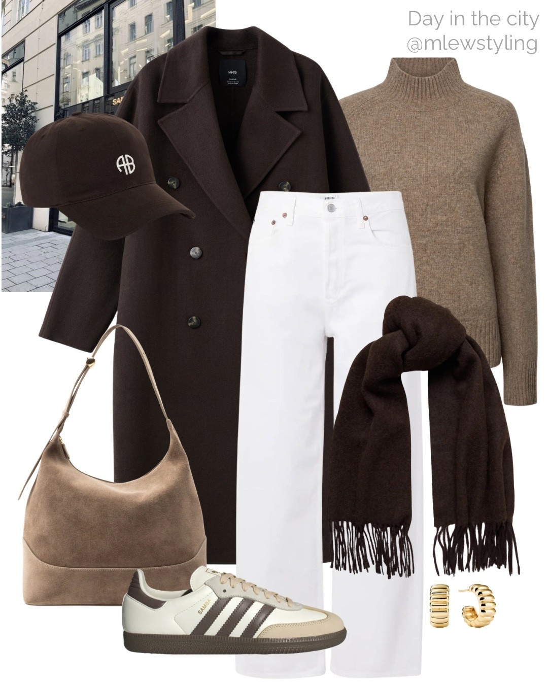 What to wear for a day in the city 🤎

Tags: brown suede Elleme bag, agolde white denim jeans, turtleneck sweater, anine bing baseball cap, brown wool coat, cashmere scarf, late winter outfit, early spring look, adidas samba sneakers 