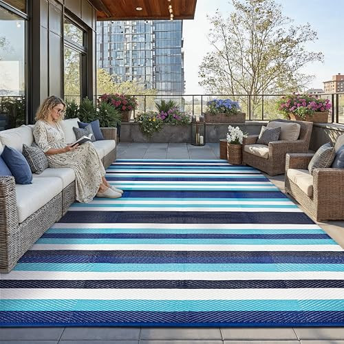 HUGEAR Outdoor Waterproof Rug 8'x10' Plastic Straw Rugs Washable Reversible Floor Mat Blue Stripe Carpet for Camping RV Deck Entryance Porch Picnic Balcony Beach Backyard | Amazon (US)