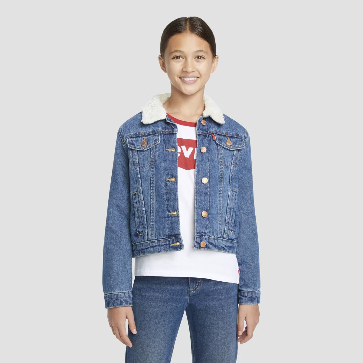 Levi's® Girls' Sherpa Trucker Jeans Jacket - Dark Wash | Target
