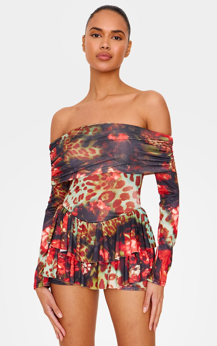 Multi Leopard Print Slinky Long Sleeve Bardot Rara Skort Romper | PrettyLittleThing US