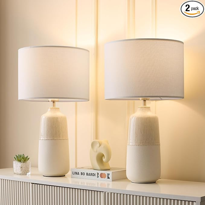 BrightWe Tall Ceramic Table Lamp Set of 2, White Lamps for Bedroom Farmhouse Rustic Lamp Set Beds... | Amazon (US)