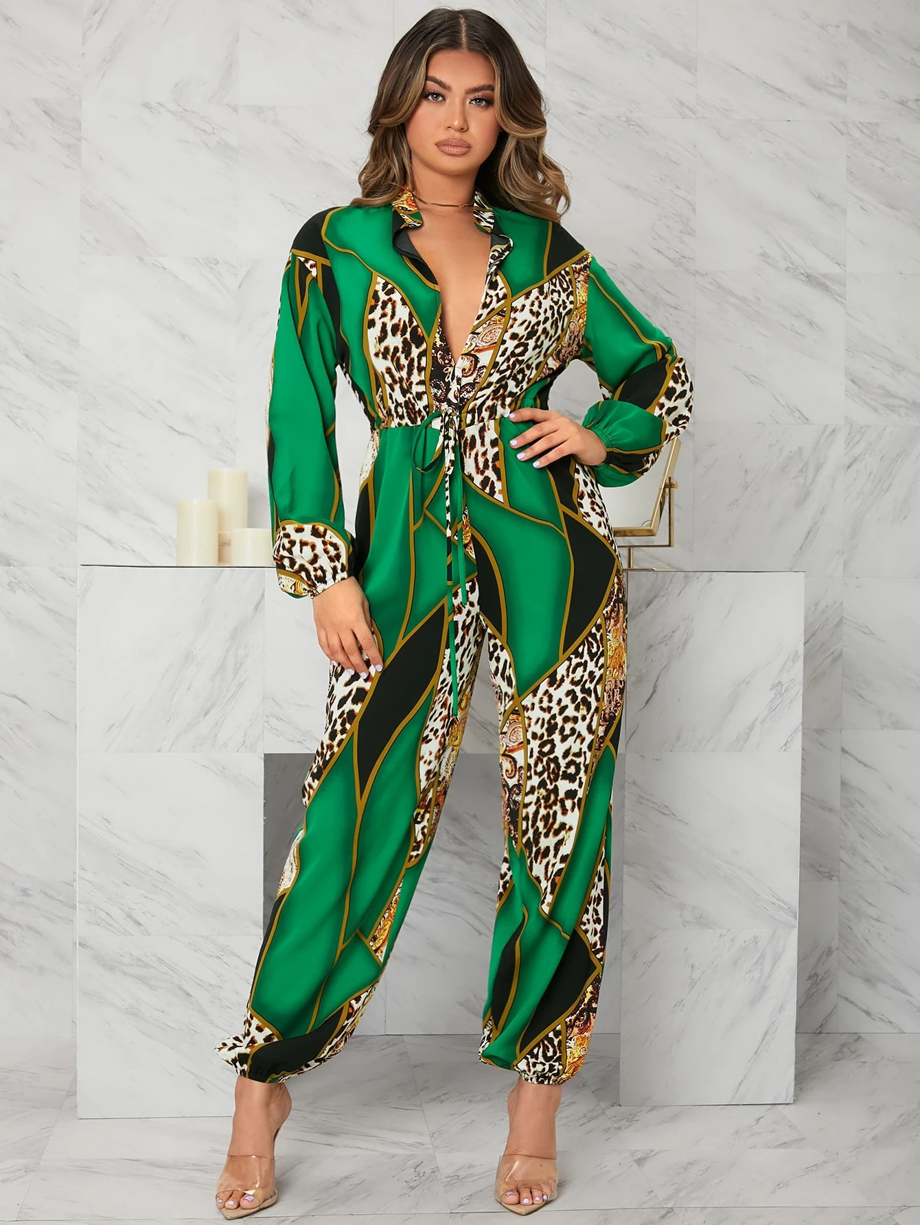 SHEIN SXY Leopard And Geo Print Lantern Sleeve Jumpsuit | SHEIN