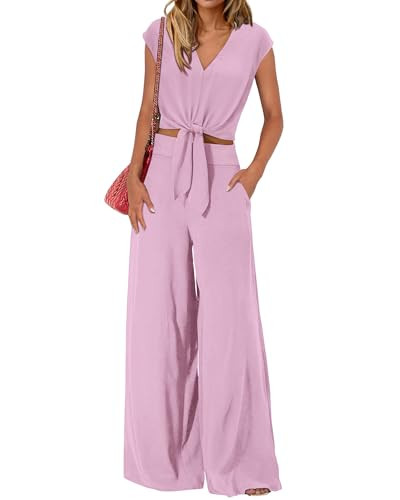 PRETTYGARDEN Women's Summer 2 Piece Outfits 2026 Cap Sleeve V Neck Belted Crop Tops Wide Leg Pant Sets Casual Tracksuit(Solid Light Purple,Medium) | Amazon (US)