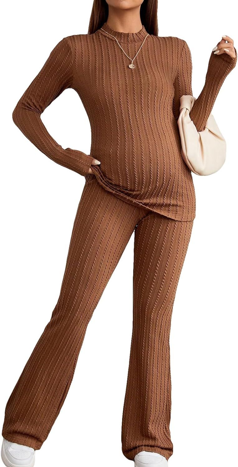 WDIRARA Women's Maternity 2 Piece Outfits Mock Neck Long Sleeve Ribbed Knit Tee and Flare Leg Pan... | Amazon (US)