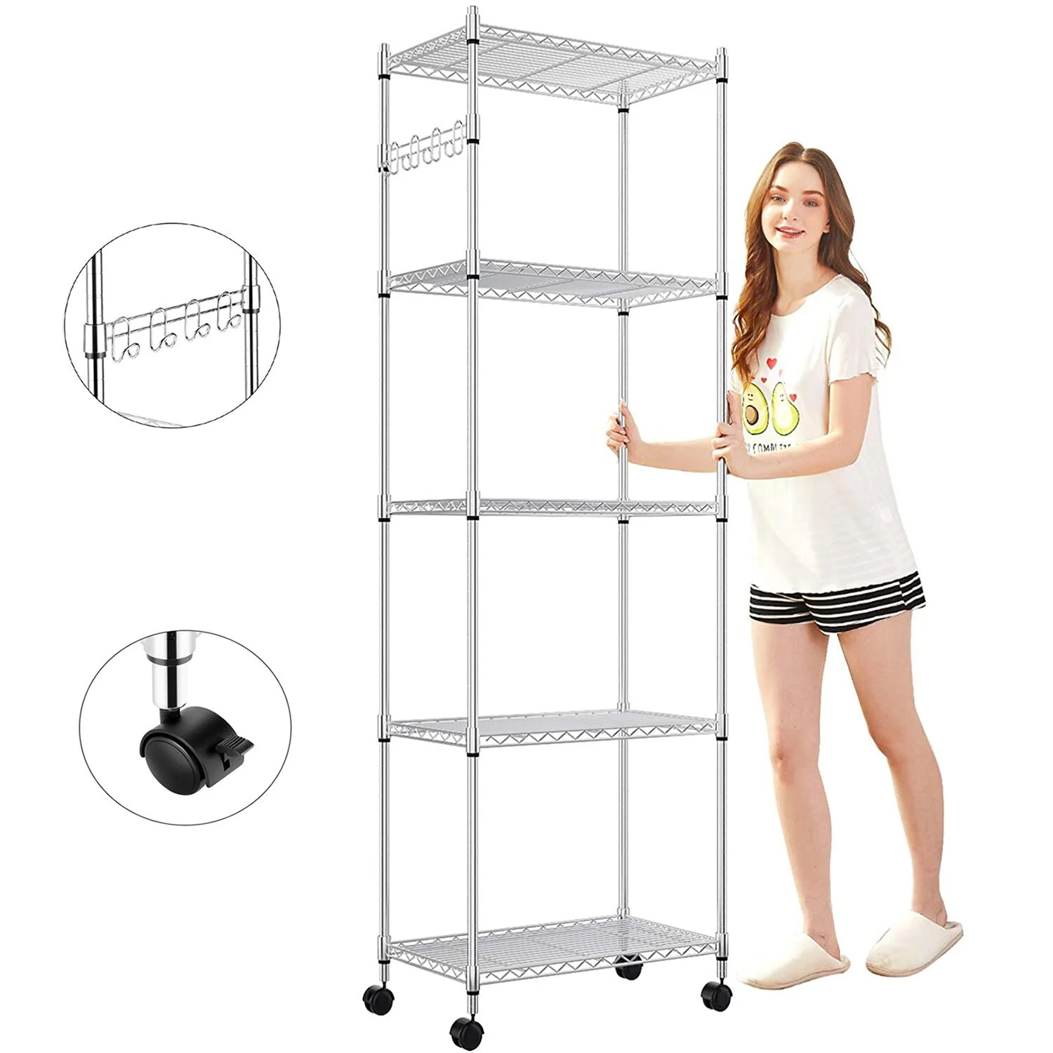 5-Tier Shelf Wire Shelving Racks with Casters Hooks Kitchen Steel Storage Shelf Rack, Sturdy Meta... | Walmart (US)