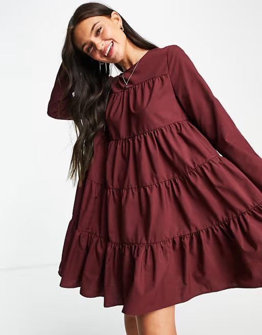 ASOS DESIGN cotton poplin tiered long sleeve mini smock dress in oxblood | ASOS | ASOS (Global)