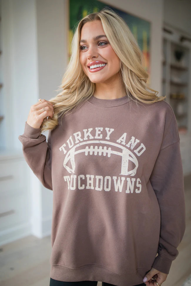 Turkey And Touchdowns Mocha Oversized Graphic Sweatshirt | Pink Lily