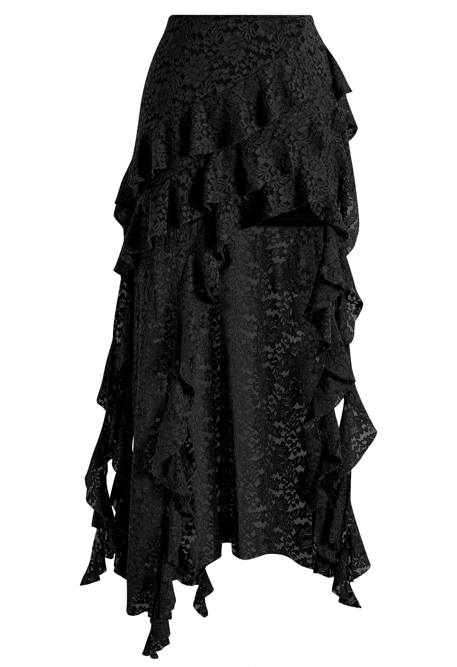 Cascading Ruffled Irregular Lace Hem Skirt in Black for Concert Outfit & Goth Shoot | Chicwish