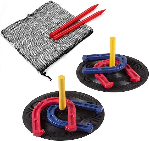 Win SPORTS Outdoor Indoor Rubber Horseshoes Set Includes 4 Horseshoes,2 Pegs,2 Rubber Mats,2 Red ... | Amazon (US)