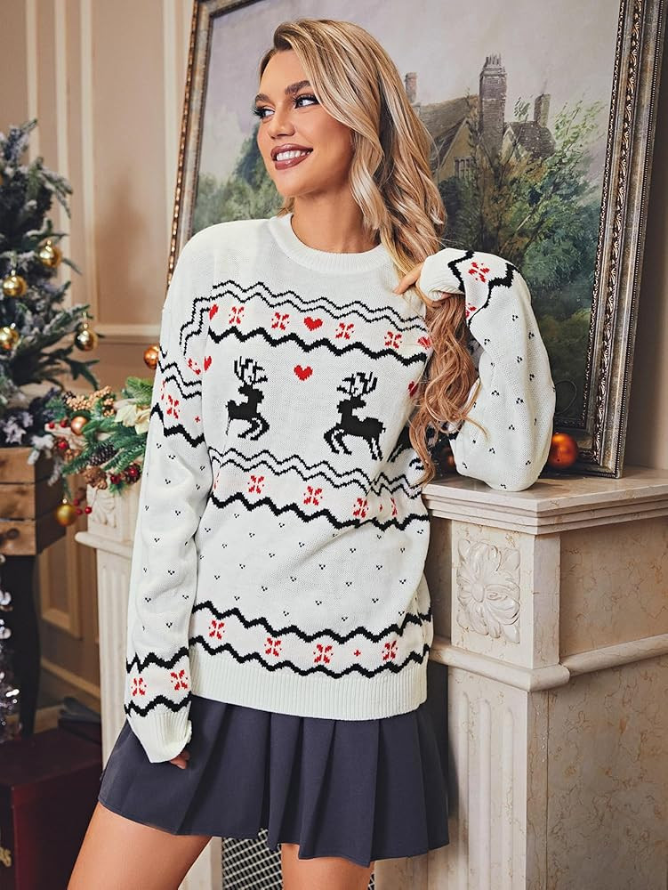 Miessial Women's Knitted Christmas Pattern Sweater Comfy Crewneck Long Sleeve Pullover Sweater | Amazon (US)