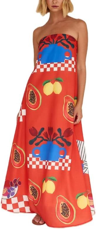 ROAONOCOMO Women Graphic Strapless Long Tube Dress Off Shoulder Backless Maxi Dress Flowy Summer ... | Amazon (US)