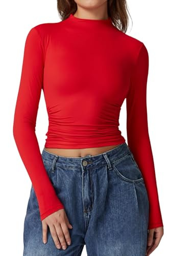 QINSEN Womens Mock Neck Long Sleeve Shirt Double Lined Basic Tees Side Ruched Going Out Crop Tops | Amazon (US)