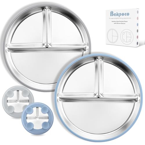 Bakpoco Stainless Steel Toddler Plate with Suction, 9” Divided Plates with Removable Silicone Sleeves for Kids, Non Toxic & BPA Free | Non Slip | Unbreakable Baby Snack Dishes Set of 2, Blue & Gray | Amazon (US)