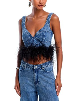 Feather Trim Denim Crop Top - Exclusive | Bloomingdale's (US)