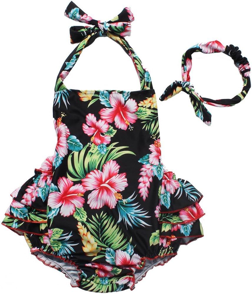 One Piece Redbub Floral Ruffles Rompers Bathing Suits Dress with Headband | Amazon (US)