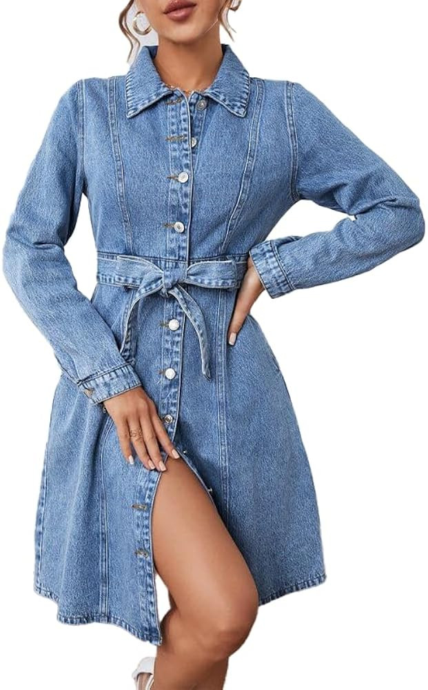 Denim Dress for Women Button Down Casual Long Sleeve A-Line Belted Midi Jean Dresses with Pockets | Amazon (US)