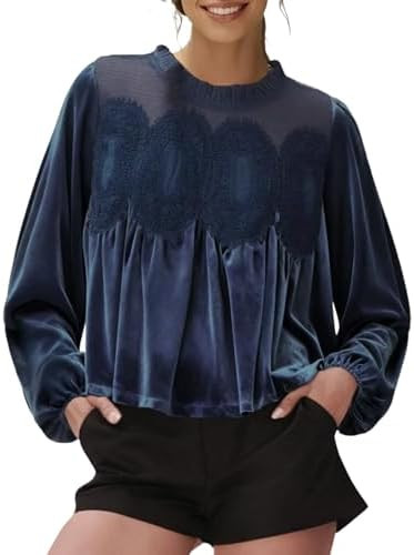Gozoloma Women's Long Sleeve Velvet Trim Lace Blouse Elegant Flared Swing Top Round Neck Blouse C... | Amazon (US)