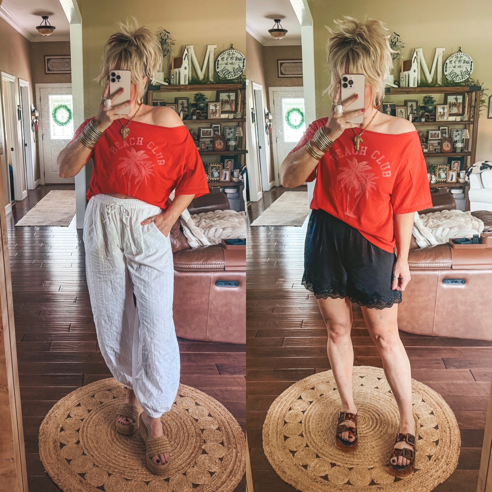 I sized down to a small in this red off shoulder but a medium did fit as well. It was just a little more relaxed. 
Shorts & pants are a medium 
Sandals true to size. 
Save @KCCHICDESIGNS with code MANDIE