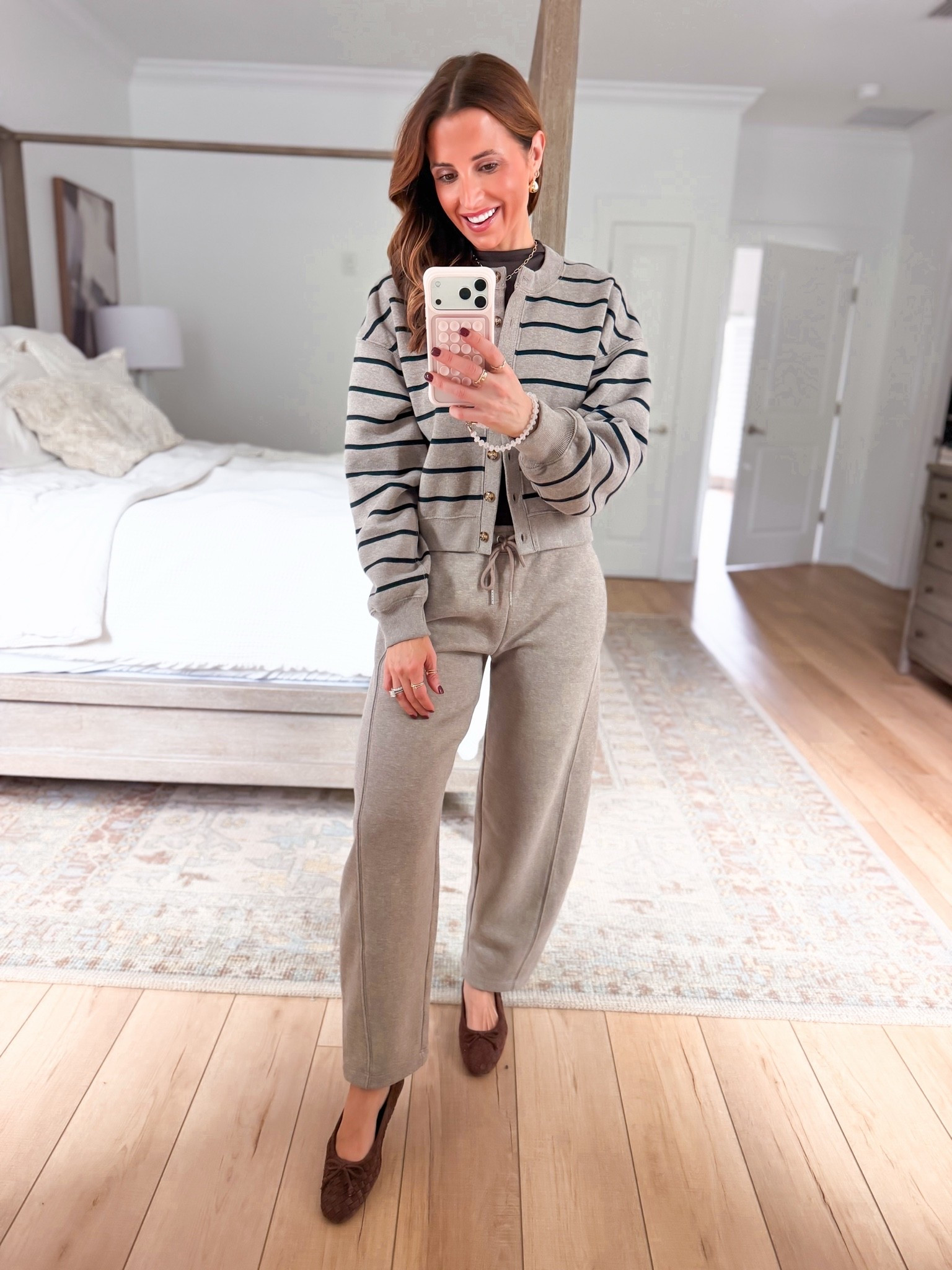 Code AFLTK. New matching sweatpants sets. Wearing XXS short in sweatpants and XXS in cardigan. Abercrombie matching sets. Suede ballet flats are TTS. Travel outfit. Casual outfit. Everyday outfit. Mom outfit. Weekend outfit. Lounge outfit.