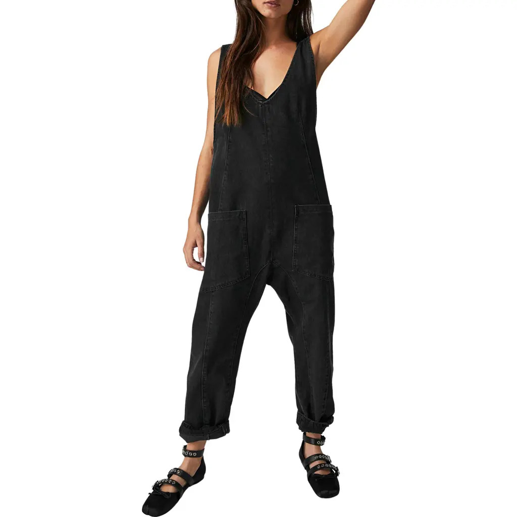 Free People High Roller Denim Overalls in Mineral Black at Nordstrom, Size Large | Nordstrom