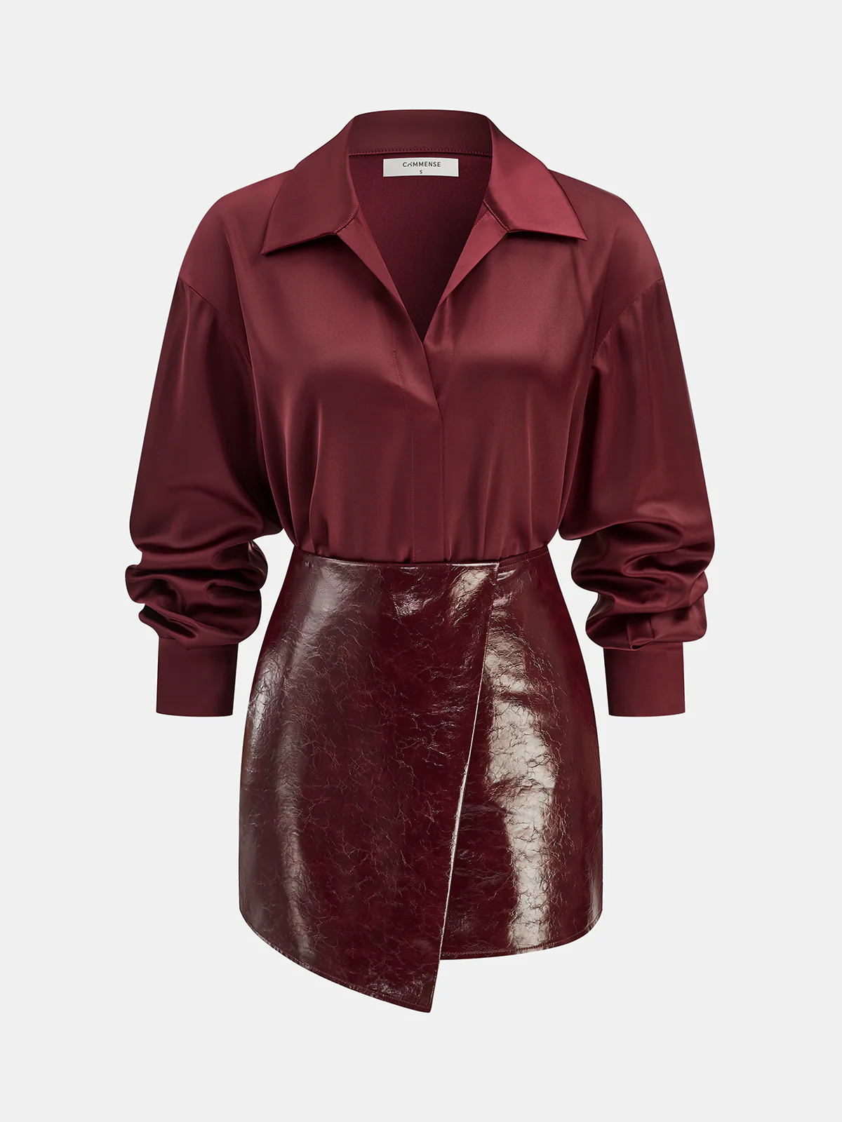Satin Shirt and Faux Leather Skirt Set | Commense