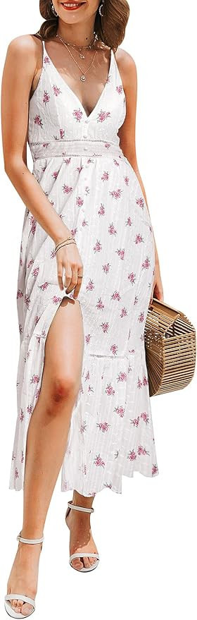 BerryGo Women's Embroidery Pearl Button Down Dress V Neck Spaghetti Strap Maxi Dress | Amazon (US)