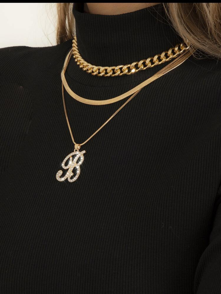 3pcs Rhinestone Letter Charm Necklace | SHEIN