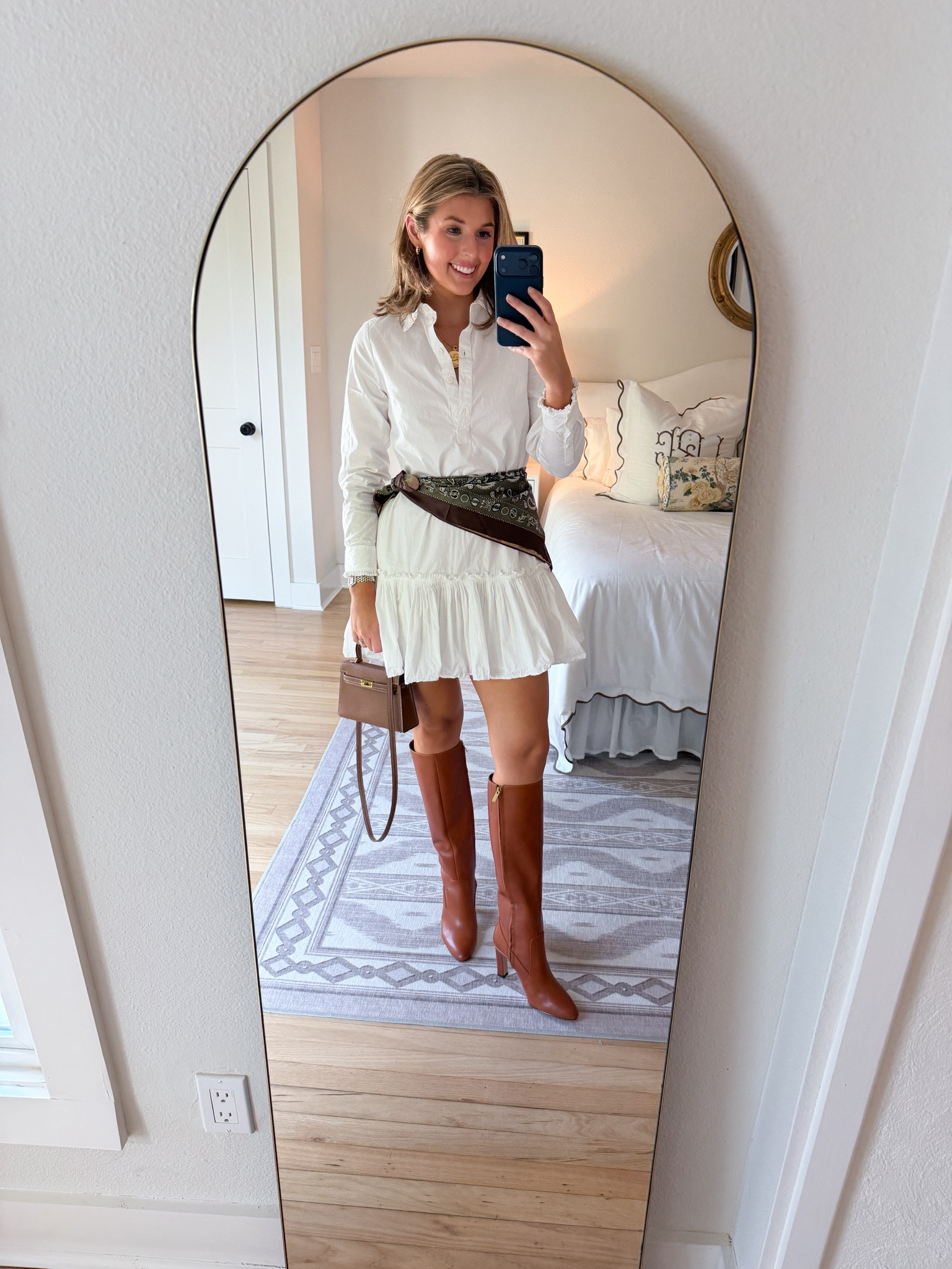Fall outfit idea with tall boots! Wearing an XS in dress 