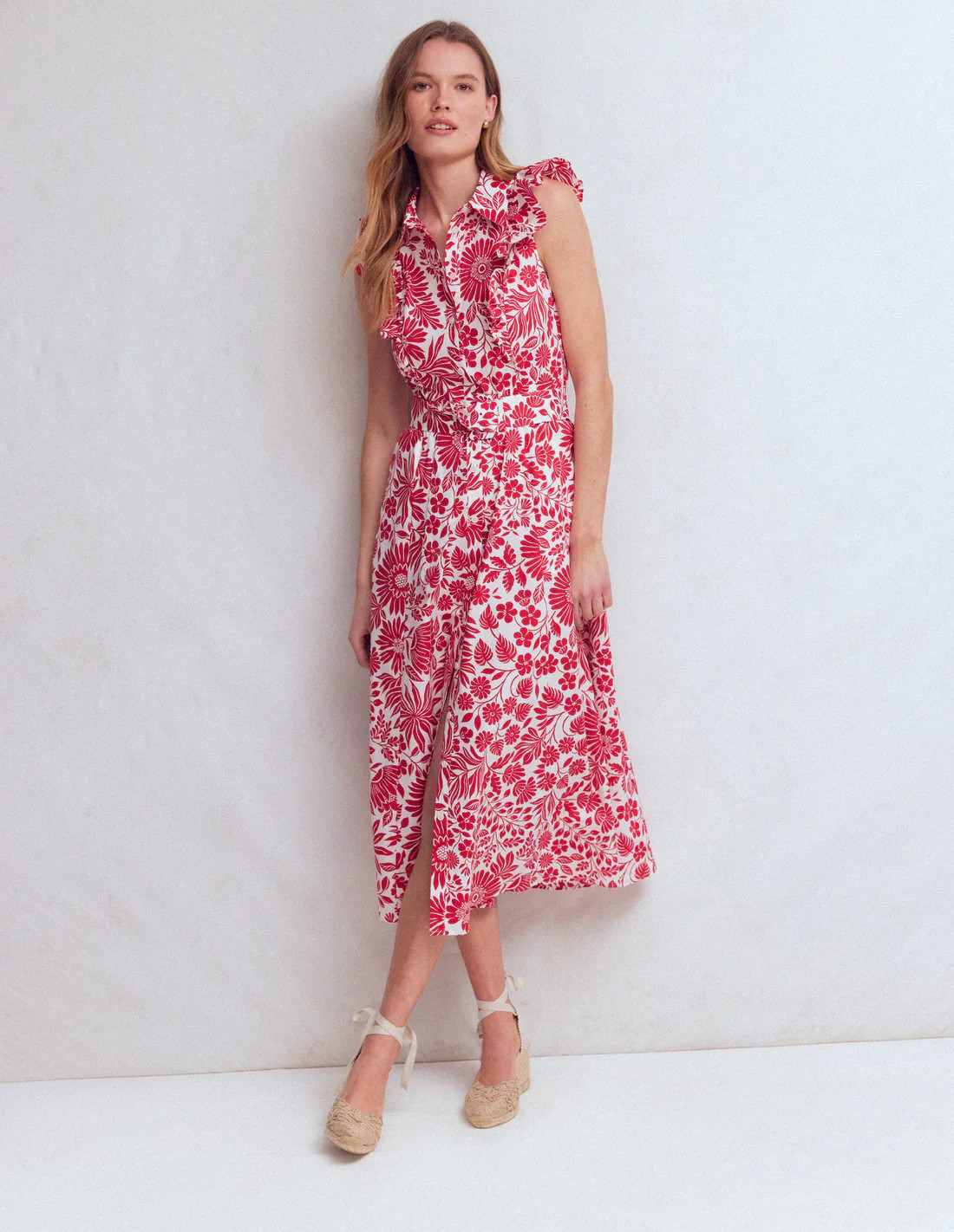 Ruffle Bodice Shirt Dress-Merida Red, Flowerbed Bloom | Boden (US)