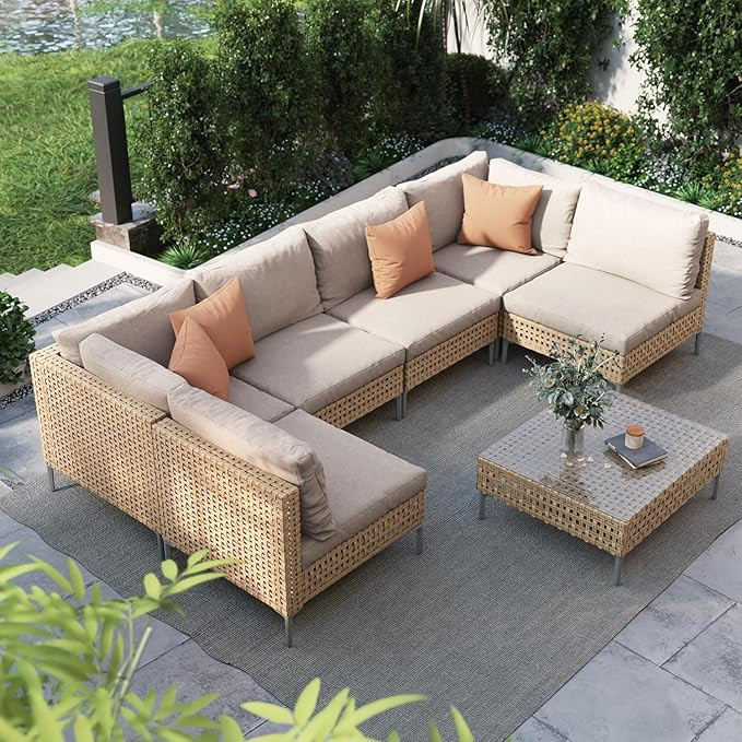 Grand patio 7-Piece Wicker Patio Furniture Set, Boho Outdoor Conversation Set Sectional Sofa with... | Amazon (US)