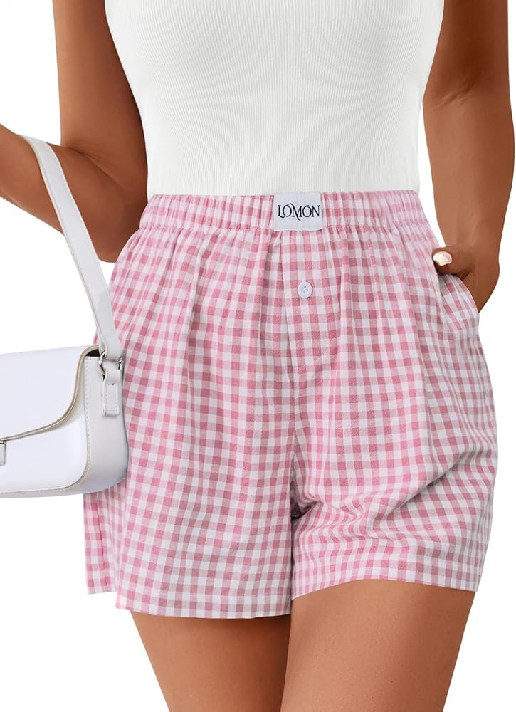 LOMON Boxer Shorts for Women Summer Gingham Cotton Pajamas 2025 Lounge Sleep Pj Plaid Shorts Y2K ... | Amazon (US)