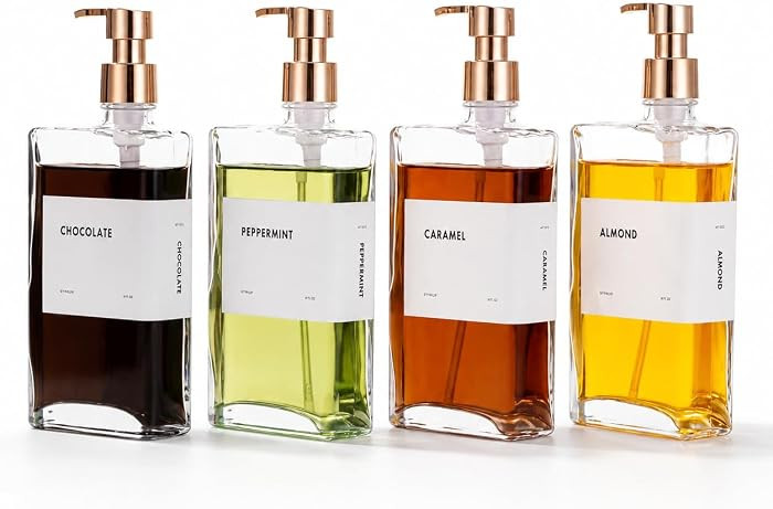 Glass Coffee Syrup Dispensers with Pumps, Syrup Bottles with Label Set - Essential Coffee Bar Accessories, 11.8 oz/350ml, Set of 4 | Amazon (US)