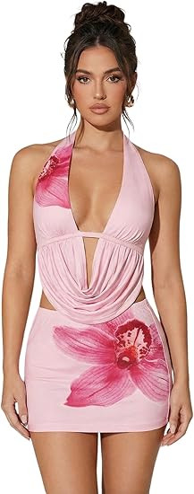 Women's 2 Piece Boho Floral Set Backless Cowl Neck Halter Top Mini Skirt Beach Vacation Outfits | Amazon (US)