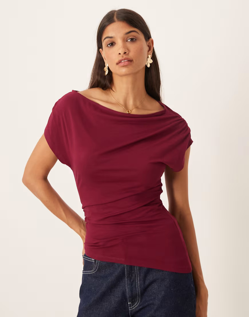 ASOS DESIGN slouchy asymmetric longline gathered top in plum-Purple | ASOS (Global)