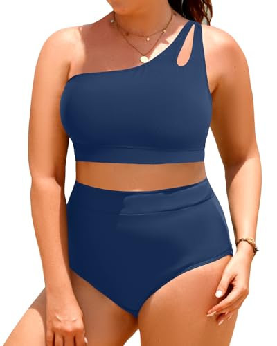 Tempt Me Womens Plus Size High Waisted Bikini Two Piece One Shoulder Swimsuit Keyhole Bathing Suits Navy Blue 18 Plus | Amazon (US)