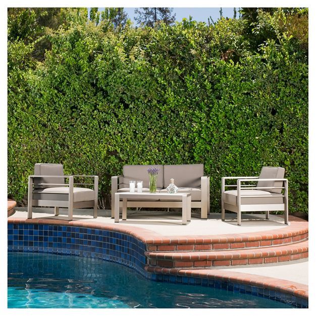 Cape Coral 4pc Cast Aluminum Patio Loveseat Set with Cushions - Silver - Christopher Knight Home | Target