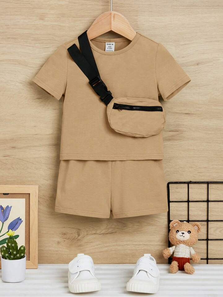 SHEIN Baby Boy Solid Tee & Shorts & Bag | SHEIN