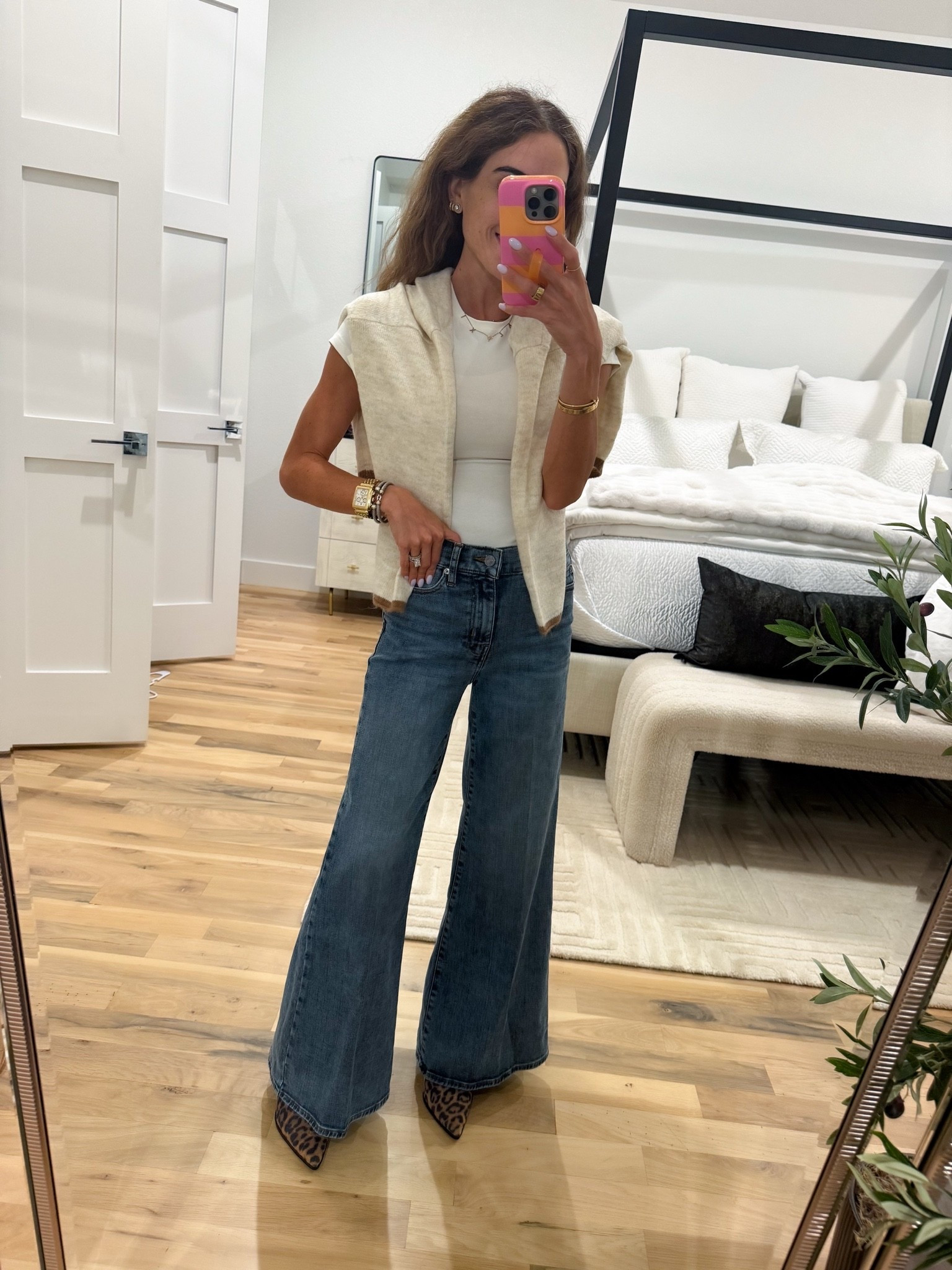 These palazzo jeans are a MUST buy and fit petites with no alterations needed! Under $100. Wearing smallest size and I’m 5’1