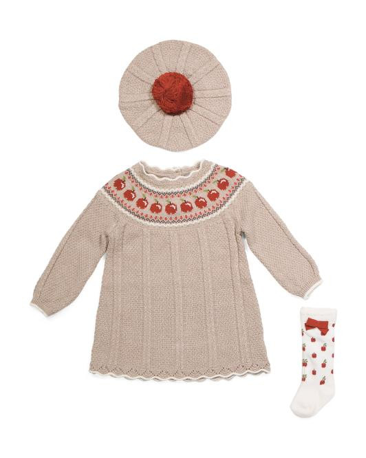 Infant Girls Apple Fair Isle Cable Knit Dress With Socks And Beret | TJ Maxx