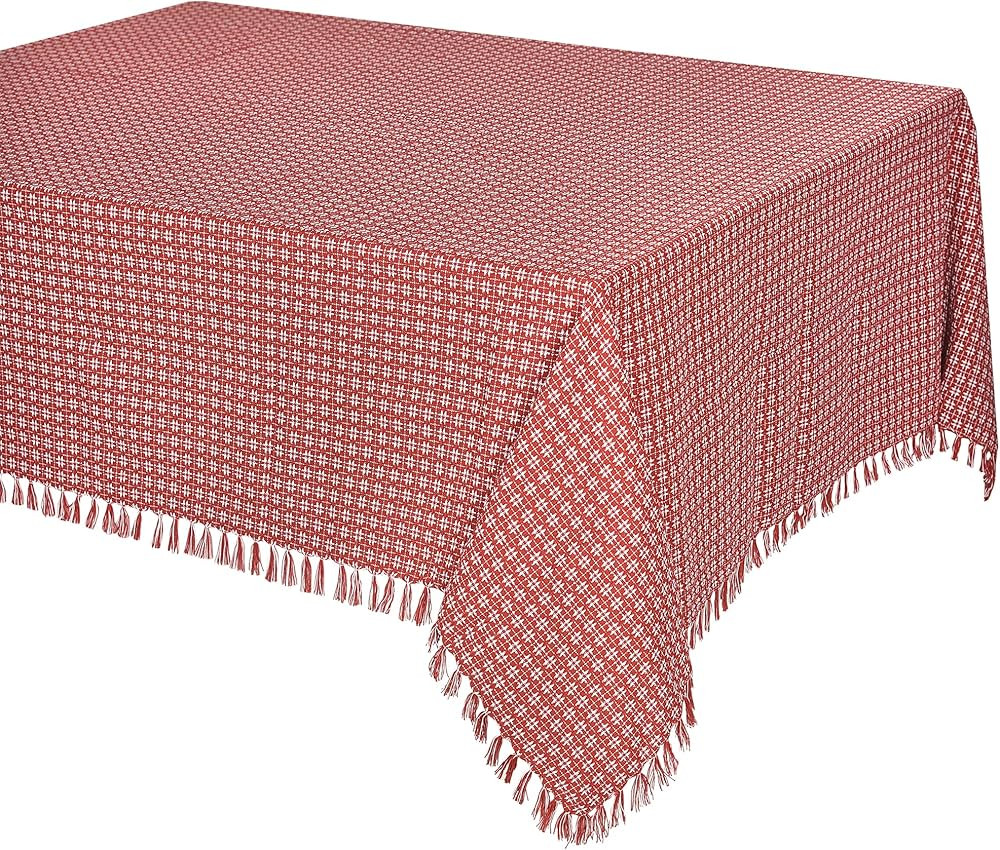 Table Cloth, Spice Red/White Woven Fringed, 100% Cotton Table Cover, Size 52x70 Inch, Suitable fo... | Amazon (US)