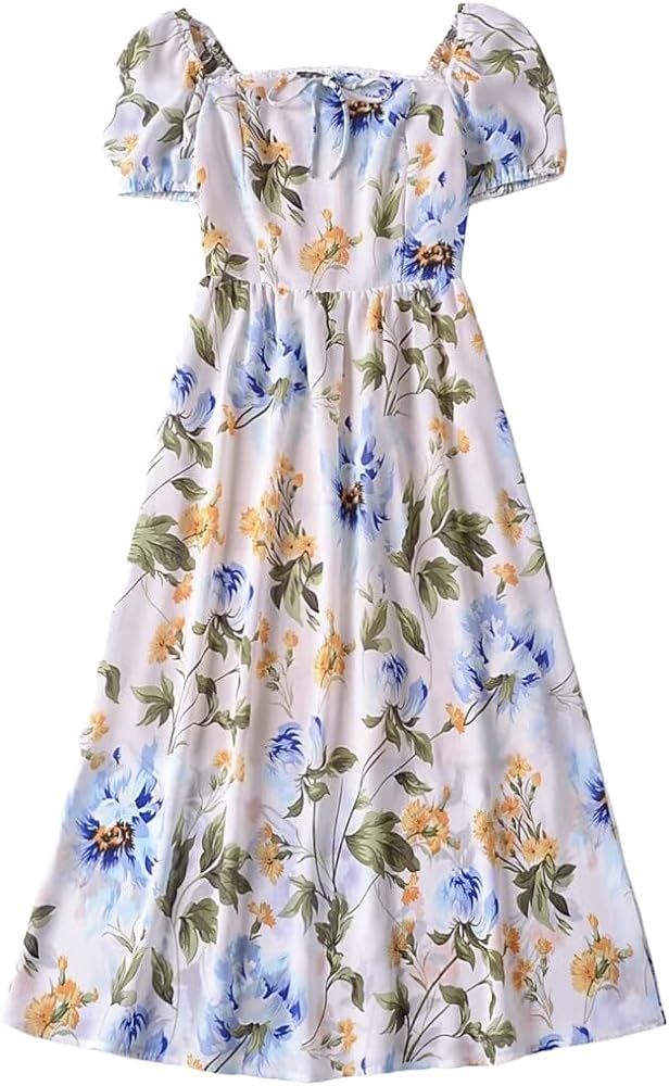 Summer New Women Holiday Dress French Vintage Floral Print Dress Fashion Elegant Square Neck Shor... | Amazon (US)