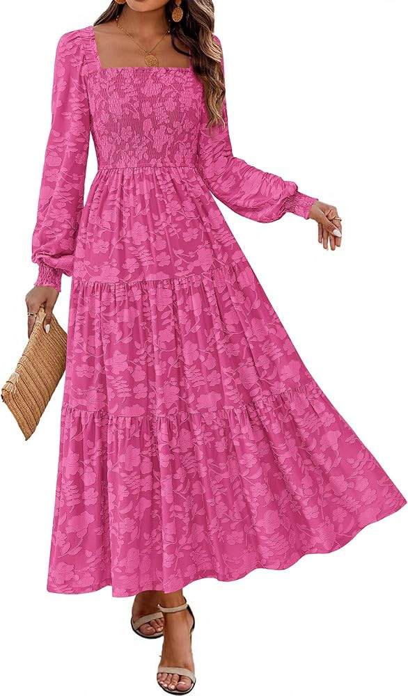 KIRUNDO Wedding Guest Dresses for Women Spring 2026 Long Sleeve Smocked Floral Flowy A Line Boho ... | Amazon (US)