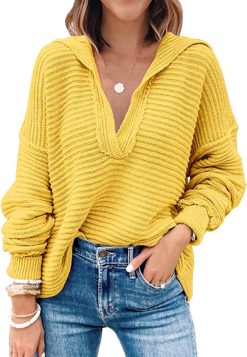 LILLUSORY Womens V Neck Oversized Sweaterss Long Batwing Sleeve Collared Asymmetrical Hem Knit Pu... | Amazon (US)