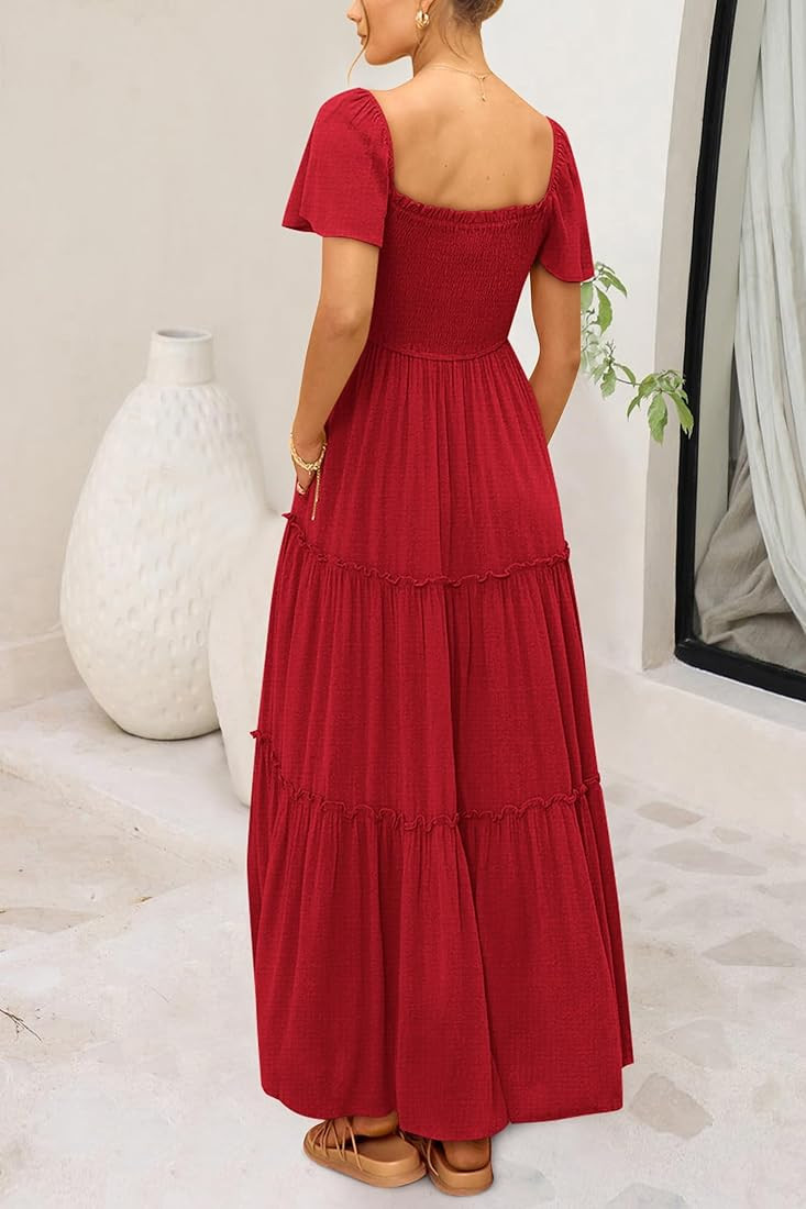 PRETTYGARDEN Women's Summer Maxi Dress Short Sleeve Square Neck Smocked Tiered Ruffle Long Flowy ... | Amazon (US)