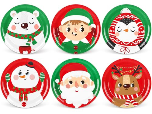 Whaline Christmas Paper Plate Red Green Disposable Party Plate Santa Snowman Elf Elk Dinnerware Plate 9 Inch for Xmas Winter Party Supplies Table Decor, 24Pcs | Amazon (US)