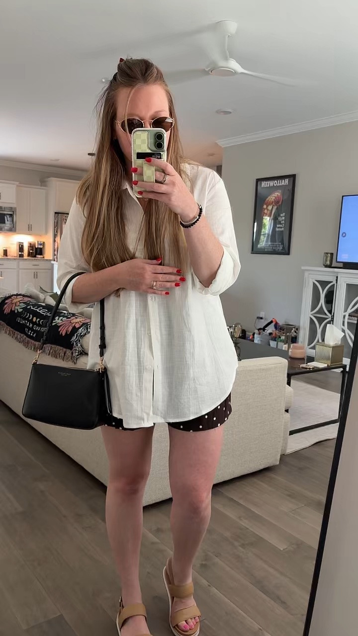 White button down / sized up to a large for an oversized fit 
Brown polka dot shorts / tts wearing a medium 
Platform leather sandals - super comfortable! - tts 
Miu Miu sunglasses 
Black shoulder bag 
Silver bracelet and ring / two tone
Evil eye necklace

#LTKootd #LTKdayinmylife #LTKSaleAlert