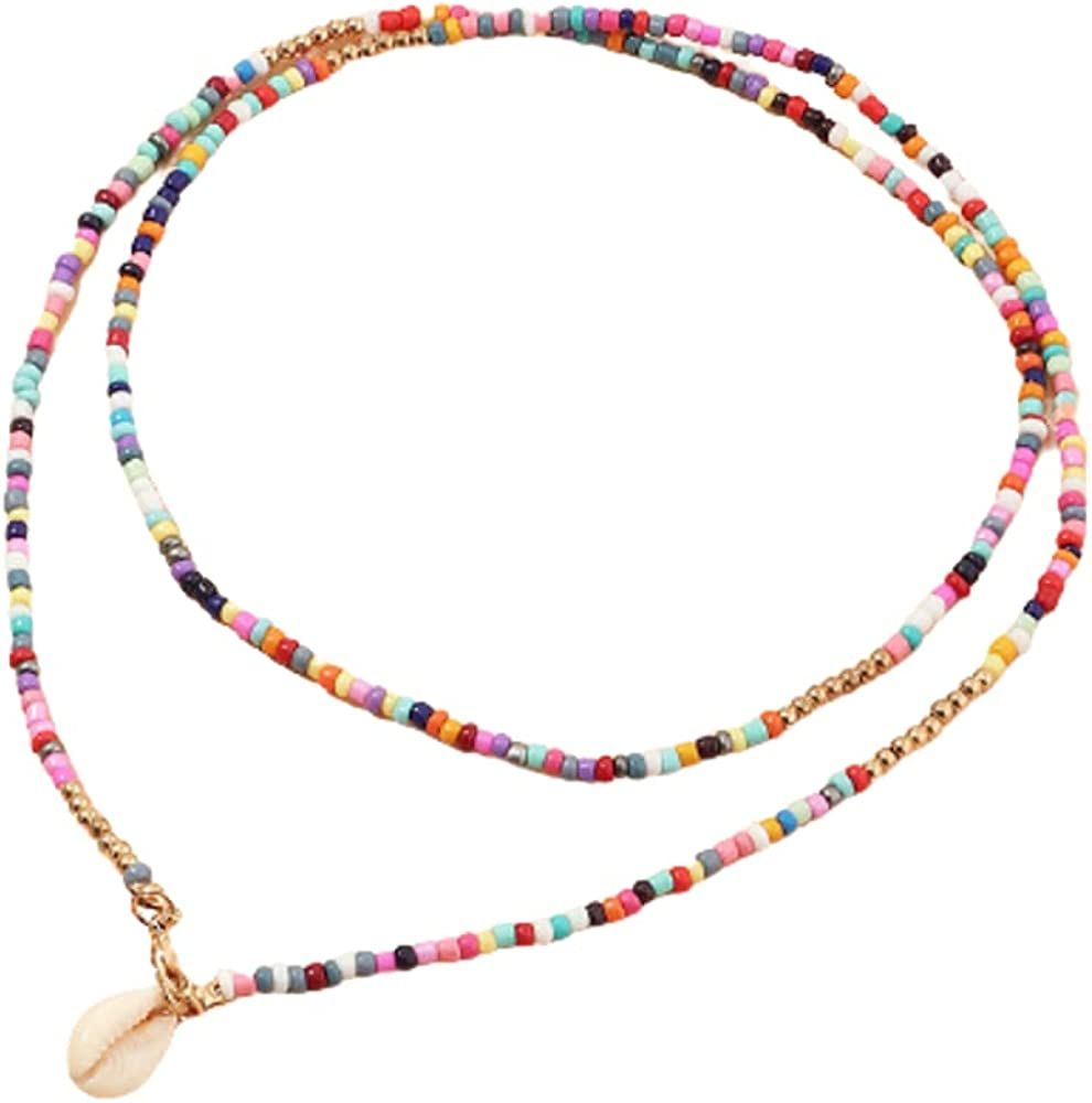 Boho Rainbow Beaded Necklace Layered Neck Chain Multi Color Bead Choker Necklaces Shell Star Butt... | Amazon (US)