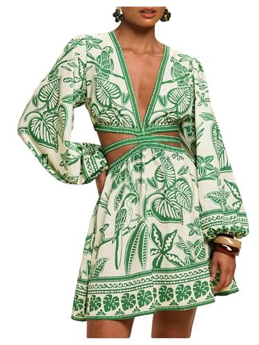 Floerns Women's Tropical Bishop Sleeve Mini Dress Cut Out Tie Back V Neck Beach A Line Dresses | Amazon (US)