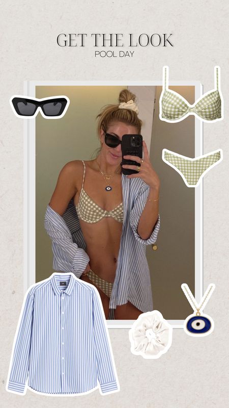 Pool day outfit, gingham bikini, oversized shirt, affordable bathing suit coverup, green and white swimsuit, Amazon sunglasses, evil eye necklace, healthy hair accessories 

#LTKswim #LTKstyletip #LTKFind