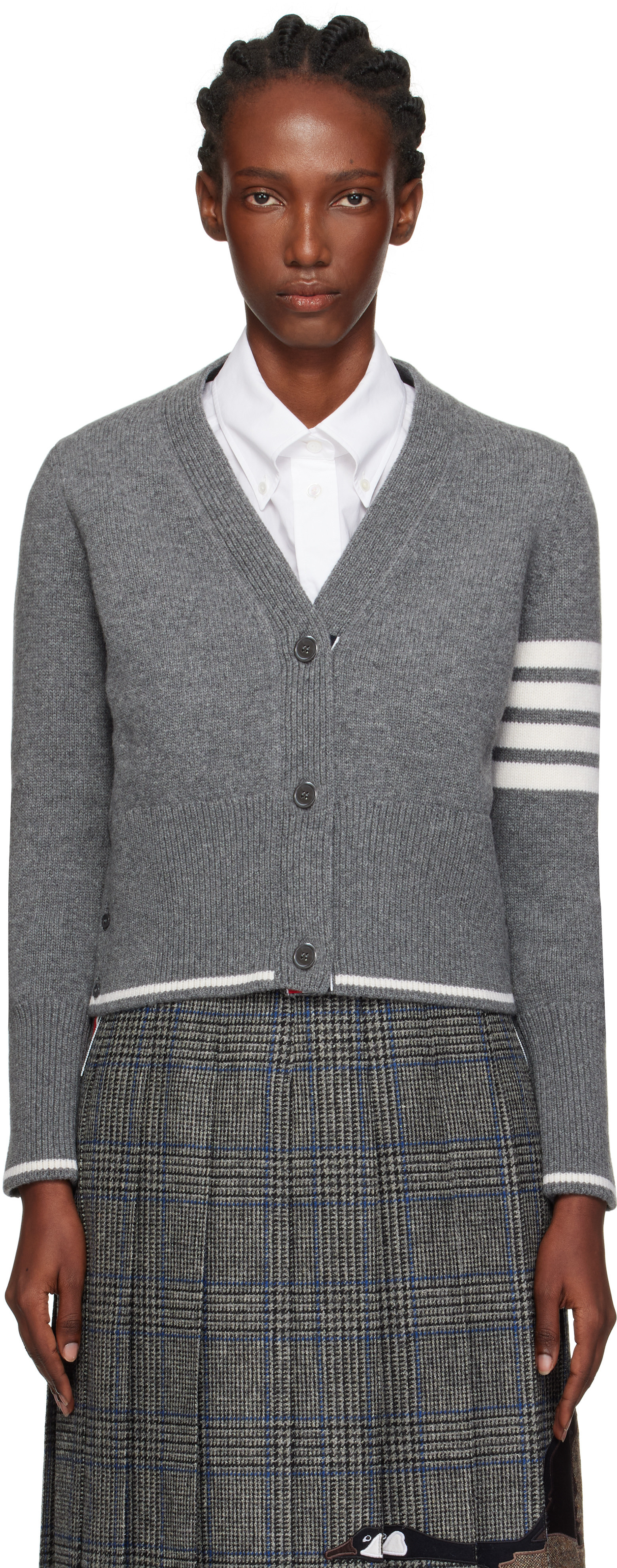 Thom Browne Gray Intarsia Geese 4-Bar V-Neck Cardigan | SSENSE